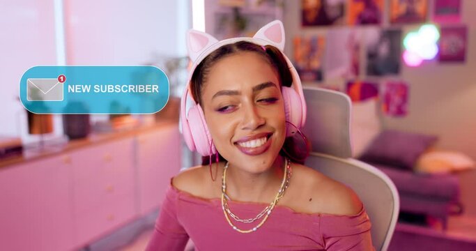 Influencer, streamer and black woman blowing kiss with headphones for excited, happiness and thank you in bedroom. Speech bubble, gesture and person for content creation, broadcast or live streaming