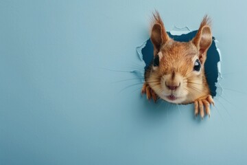 A squirrel peeks through a torn blue backdrop.