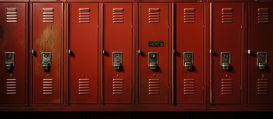 The front view looks closely at the rows of red high school lockers.