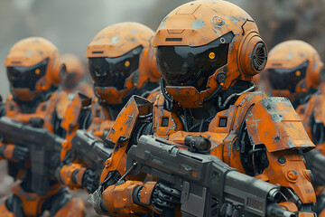 A series of robots in orange armor, standing in a close formation, robot is equipped with a futuristic firearm, rmor is heavily weathered and battle-scarred. Gen AI