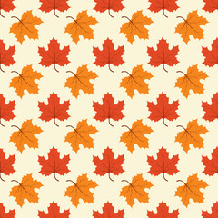 Vector seamless pattern with red and orange maple leaves. Vector illustration.