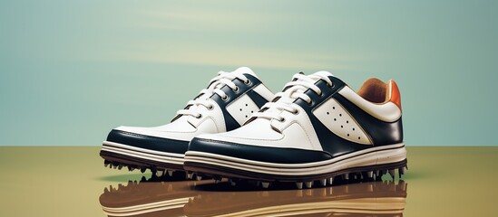 A pair of white black leather golf shoes isolated on colored background. Trendy sporty and elegant.