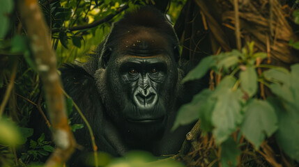 goryl (Gorilla) siedzący pod drzewem - obrazy, fototapety, plakaty