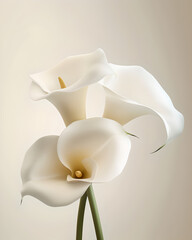 two blooming calla flowers minimalistic white background