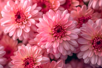 Fototapeta premium closeup shot of bright pink rose symetry blooming chrysanthemum flowers blossoms background pattern top down view