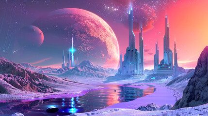 Obraz premium Futuristic city on the surface of an icy planet, colorful sky with stars and planets in background, blue purple pink gradient colors. AI generated illustration.