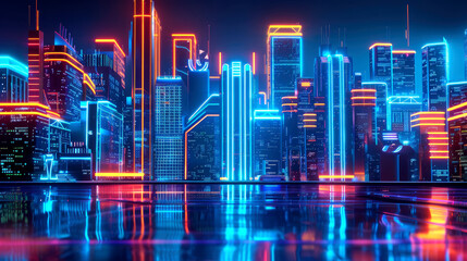 Futuristic cityscape at night, illuminated neon lights and skyscrapers made of glowing digital screens in the style of cyberpunk art. AI generated illustration.