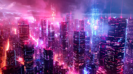 Obraz premium Futuristic cityscape with neon lights and skyscrapers in the cyberpunk style with a neon pink color theme. Нolographic digital art, cybernetic architecture. AI generated illustration.