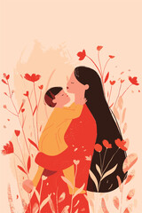 vector illustration mother with her kid flowers background