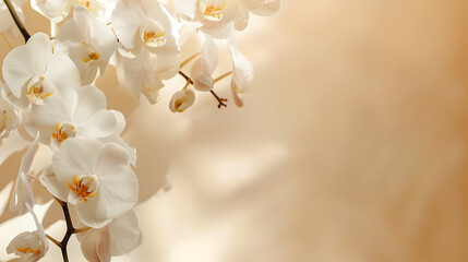 Fototapeta na wymiar white orchids blossoms on side of pastel colored light cream pastel background with copy space
