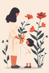 vector illustration mother with her kid flowers background