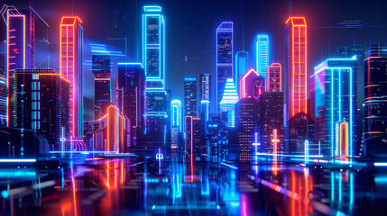 Futuristic cityscape at night, illuminated neon lights and skyscrapers made of glowing digital screens. AI generated illustration. 