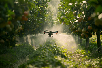 Agricultural High-tech drone treating fruit trees, advanced farming concept.