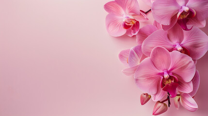 pink orchid blossoms flowers on side of pastel colored light rose pastel background with copy space