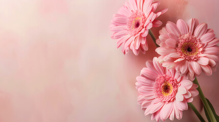 beautiful bunch of pink gerbera flowers on decent pastel rose background - the background offers lots of space for text