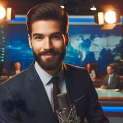 Confident News Reporter Delivering a Broadcast From a Television Studio