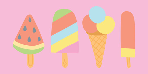 Assorted flat design ice creams and popsicles on a pastel pink background. Includes watermelon slice, colorful striped ice cream, and more.
