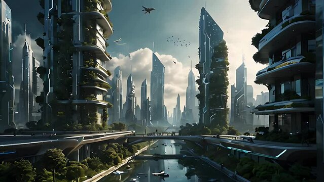 Harmonious Fusion: Futuristic Cityscape Embracing Nature and Technology video animation