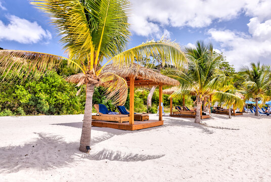 Tortola, British Virgin Islands - March 27, 2024: The beach and pier at The Bight on Norman Island
