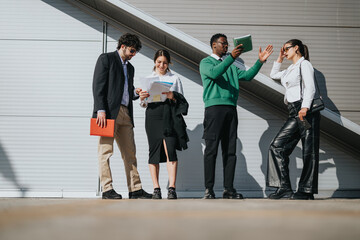 Diverse group of business professionals engaged in a strategic discussion outside, highlighting teamwork and collaboration.