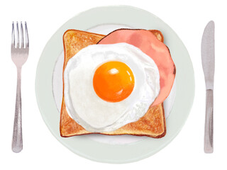 ハムエッグトースト（皿、カトラリー付き）半熟