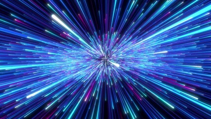 Bright radial light beams. Abstract background in blue and purple neon glow color. Light burst in universe. Space background for event, party, carnival, celebration, anniversary or other. 3D rendering