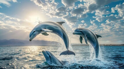 Fototapeta premium A pod of dolphins leaping joyfully out of glittering waters of the sea, playfulness, community, euphoria, seaside, exquisite coastline, luminosity, illustration made with Generative Ai 