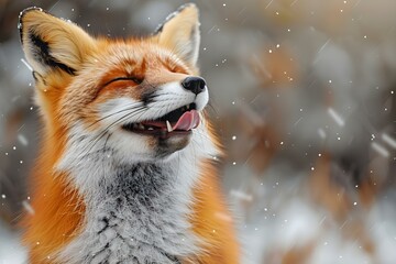 Naklejka premium Frolicsome Fox Enjoying Snowflakes. Concept Winter Wonderland, Fox Photography, Snowy Scenes, Wildlife Adventures, Nature Encounters