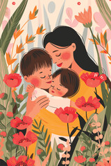 vector illustration with her kid flowers background