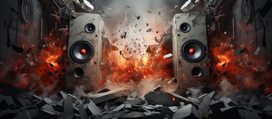 Powerful audio speakers shatter concrete walls. Blast holes, fire and debris. Metal and loud music audio concept.