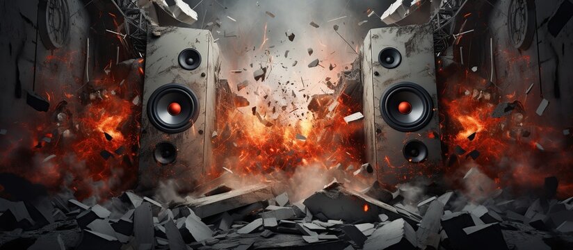 Powerful audio speakers shatter concrete walls. Blast holes, fire and debris. Metal and loud music audio concept.