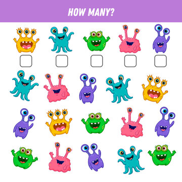 How many cartoon monsters are there. Count the number of monsters. Math worksheet for kids. 