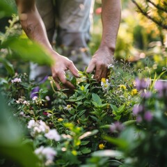 Person tending to garden plants suitable for content in gardening and lifestyle industries