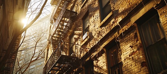 The Haunting Beauty of a Lonely Fire Escape Staircase Illuminated in the Shadows of an Urban Back Alley, Inviting Contemplation and Reflection on Urban Isolation and Forgotten Spaces - obrazy, fototapety, plakaty