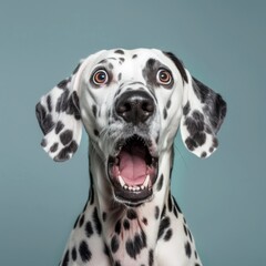 Dalmatian dog with a surprised expression against a turquoise background