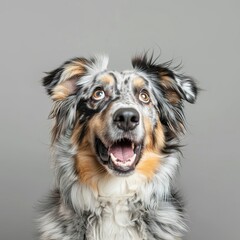 Portrait of a happy Australian Shepherd dog against grey background for pet industry use
