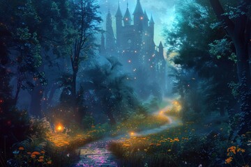 A whimsical pathway leads to a mysterious castle in a fantasy forest, illuminated by sparkling lights and fireflies.