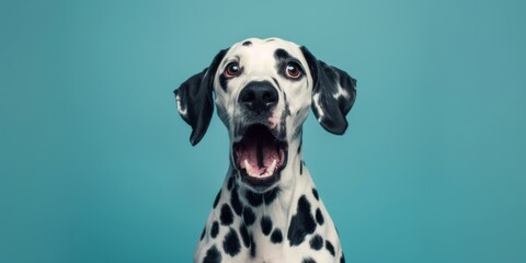 Dalmatian dog with a surprised expression against a blue background suitable for pet care and advertisements