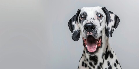 Close-up of a Dalmatian dog against a plain background
