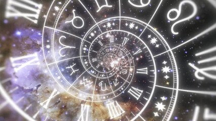 Zodiac spiral and signs of the zodiac in space. Astrology, horoscopes and prediction of the future concept. Animation in yellow color. Seamless loop. Elements of this footage furnished by NASA. - Powered by Adobe