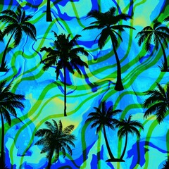 Abstract Hand Drawing Tropical Palm Trees with Digital Painting Liquid Fluid Marble Wavy Diagonal Stripes Seamless Pattern Watercolor Tie Dye Gradient Background	