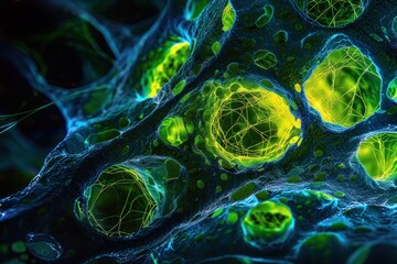 High-contrast microscopic image of green stem cells with intricate details.