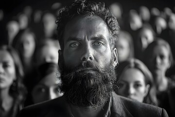 Focused Bearded Man with Crowd Backdrop. Concept Cityscape, Businessman, Focused, Bearded Man, Crowd Backdrop