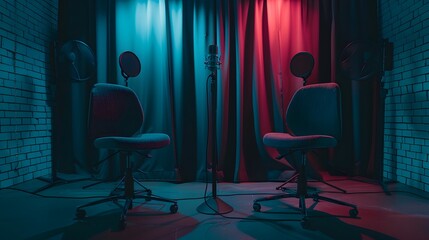 two chairs and microphones in podcast or interview room isolated on dark background as a wide...