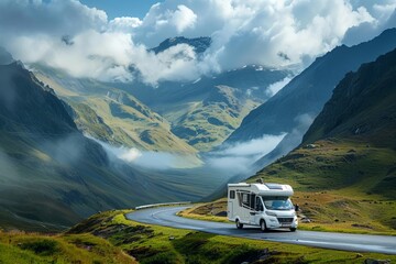 Modern motorhome goes on an adventurous road trip against the backdrop of an incredibly beautiful...