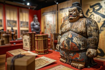 Display of sumo wrestling artifacts and figurines in a cultural exhibit. - obrazy, fototapety, plakaty