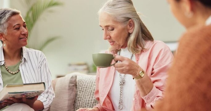 Discussion, information and group of friends in book club for conversation, review or perspective in living room. Talking, literature and senior women with coffee for story, learning and knowledge - Powered by Adobe