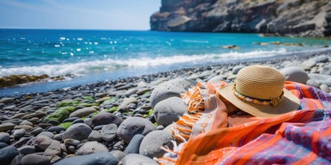 Fototapeta na wymiar Vibrant towel and straw hat resting on a pebble beach with clear blue water in the background.
