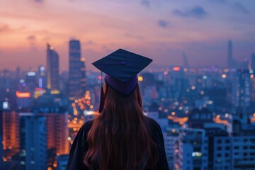 Back view of a female graduate in a cap, looking over a blurred cityscape at dusk.