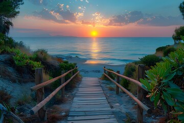 Sunset Serenity: Ocean Vista via Boardwalk. Concept Outdoor Photoshoot, Colorful Props, Joyful Portraits, Playful Poses, Ocean Views - obrazy, fototapety, plakaty
